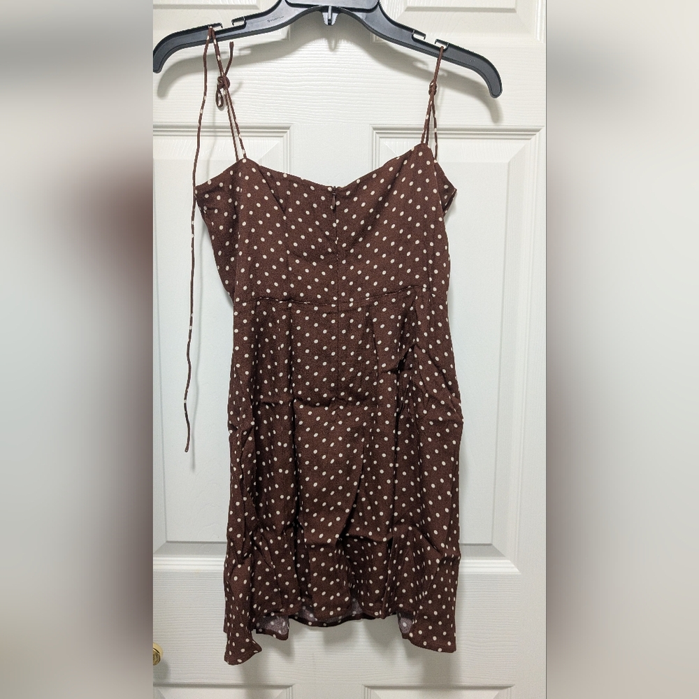 NWT Reformation Sarah Mini Dress brown White polka dot print Size 6 Cappuccino - Picture 3 of 5